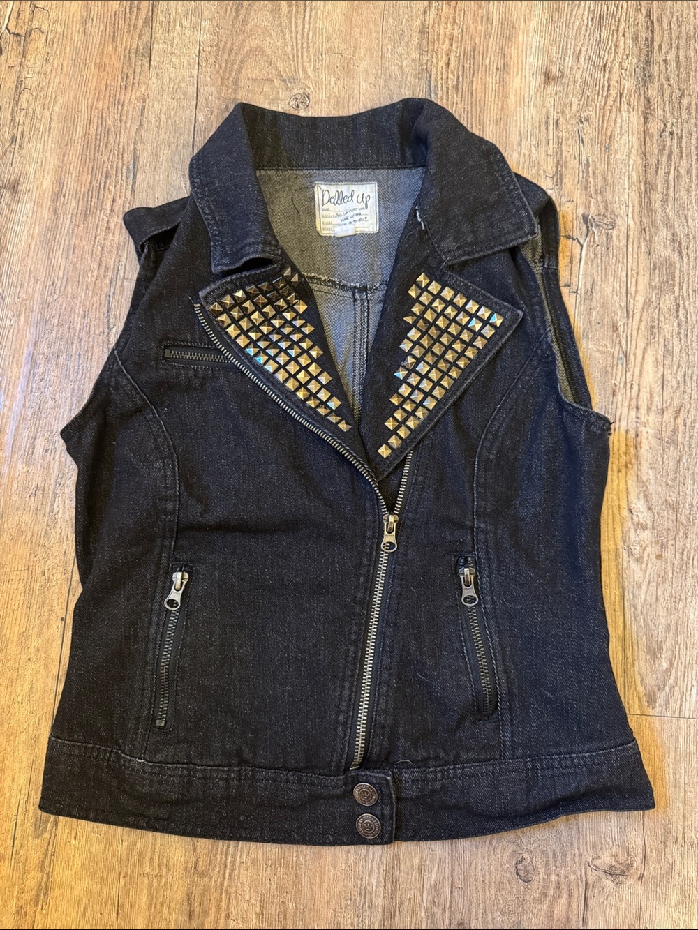 Dolled Up Black Denim Studded Moto-Style Vest with Gold Studs